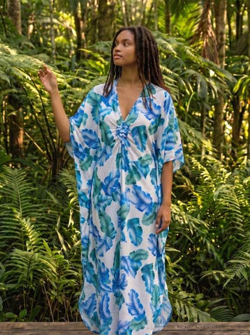 Boho rayon kaftan jurk - Blauw Wit Island Leaves, Ophalen of Verzenden, Nieuw