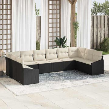 vidaXL Tuinbankenset 10 st Zwart en Crème poly rattan, Verzenden, Nieuw, Rotan, Meer dan 8 zitplaatsen