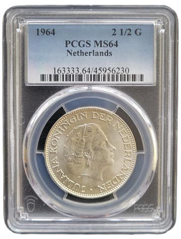 Koningin Juliana zilveren 2 1/2 gulden 1964 MS64 PCGS, Verzenden, Koningin Juliana, Losse munt, Zilver