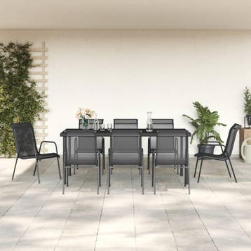 vidaXL 9-delige Tuinset textileen en staal zwart, Verzenden, Nieuw, 8 zitplaatsen, Rvs