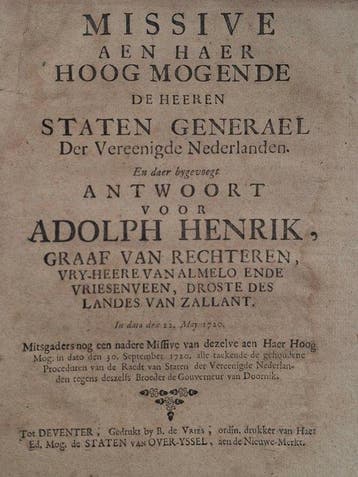 [graaf van Rechteren] - Missive aen haer hoog mogende de