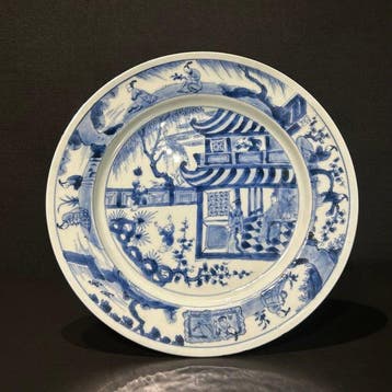 Bord - Porselein, Zilver - blauw wit Kangxi bord, Antiek en Kunst