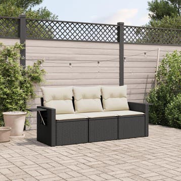 vidaXL 3-delige Loungeset met kussens poly rattan zwart, Verzenden, Nieuw, Loungeset