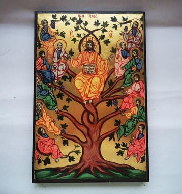 Icoon - Handgeschilderde houten icoon Levensboom - symbool, Antiek en Kunst