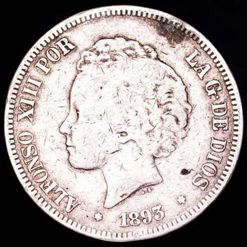 Spanje. Alfonso XIII. 5 Pesetas 1893 Madrid PGL (Zonder