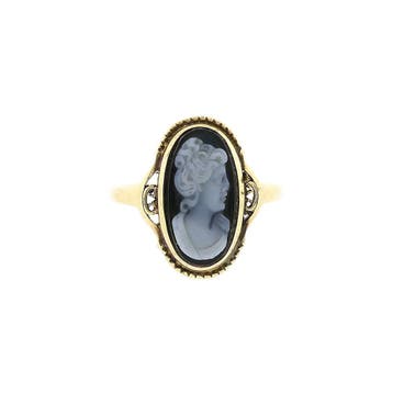 Gouden ring met sardonyx camee; 14 karaat; ringmaat 15,5, Gebruikt, Ophalen of Verzenden, Kleiner dan 17, Met edelsteen