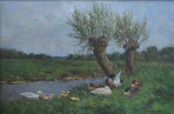 Constant Artz (1870-1951) - Een waterpoel met eenden in De, Antiek en Kunst