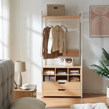 Kledingkast Larem met 6 vakken 180x84x40 cm wit en eikenkleu, Huis en Inrichting, Verzenden, Nieuw