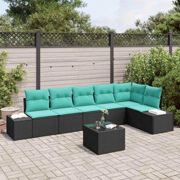 vidaXL Tuinbankenset met opslag Zwart en Turquoise poly, Verzenden, Nieuw, Rotan, 7 zitplaatsen