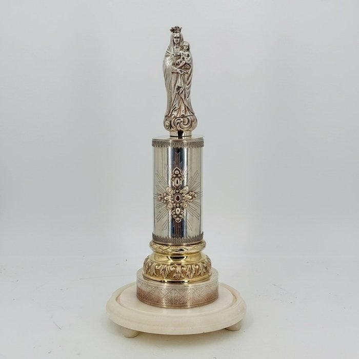 Figuur - Virgen en Pedestal - Zilver, Marmer, Antiek en Kunst, Antiek | Goud en Zilver