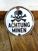 Emaille bord - Pas op mijnen! - Emaille, Antiek en Kunst, Antiek | Wandborden en Tegels