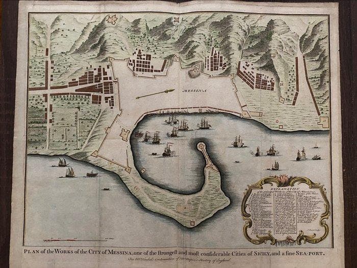 Italië - Antieke kaart Messina, Sicilië Havenplan Schepen;, Boeken, Atlassen en Landkaarten