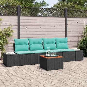 vidaXL Tuinbankenset 5 st Zwart en Turquoise poly rattan, Verzenden, Nieuw, Rotan, 5 zitplaatsen