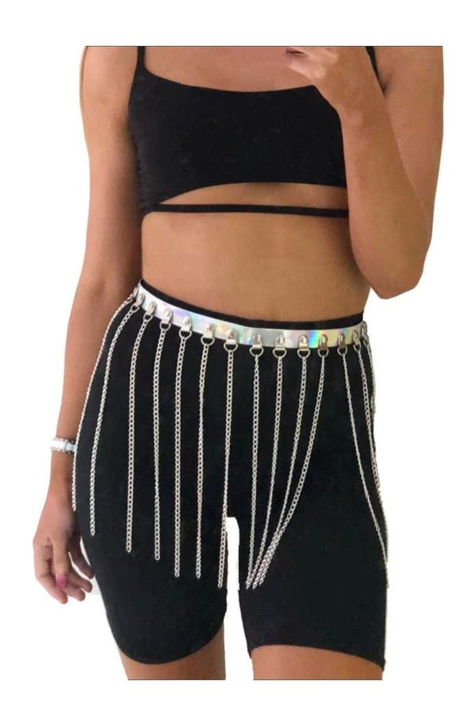 KIMU® Riem Zilver Holografisch met Kettinkjes Zilveren PVC I, Sieraden, Tassen en Uiterlijk, Kettingen, Zilver, Nieuw, Verstelbaar