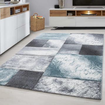 Modern Vloerkleed | Hawaii | Blokken | Blauw | 80x300 cm, Verzenden, Nieuw