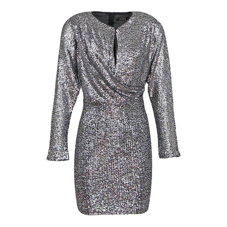 Ibana • zilveren pailletten jurk Felicity • 38, Kleding | Dames, Jurken, Grijs, Nieuw, Maat 38/40 (M), Verzenden