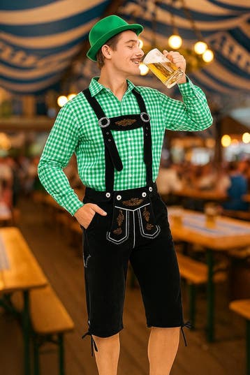 Groen Oktoberfest Kostuum met Zwarte Lederhosen - Maat L, Kleding | Heren, Carnavalskleding en Feestkleding, Ophalen of Verzenden