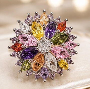 925 sterling zilveren multicolor bloem-statementring - Ring, Nieuw