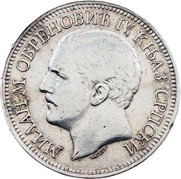 Servië. Milan Obrenovi IV. 5 Dinara 1879