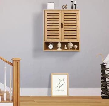 Bamboe Wandkast met Deuren – Hangende Badkamer Opbergkast, Verzenden, Nieuw