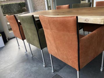 Set van 6 leren kuip eetkamerstoelen met wieltjes - olijf, Ophalen of Verzenden, Nieuw, Leer