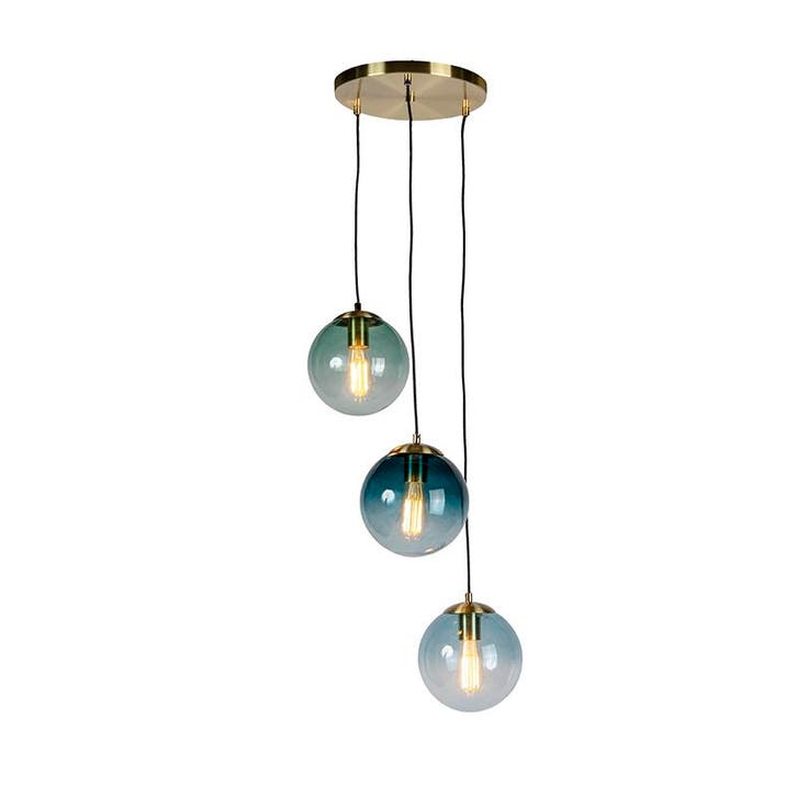 Art deco hanglamp messing met blauwe glazen - Pallon, Huis en Inrichting, Lampen | Hanglampen, Nieuw, Glas, Verzenden
