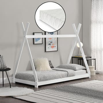 Juniorbed - Tipi met bedbodem en matras 90x200cm - wit, Verzenden, Nieuw