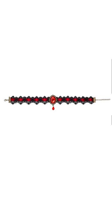 KIMU® Choker Zwart Kant Rode Steen Kanten Zwarte Collar Kett, Kunststof, Verstelbaar, Zwart, Nieuw