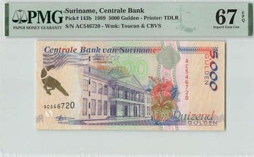 1999 Suriname 5000 Gulden Pick 143b Pmg Superb Gem Unc 67..., Verzenden