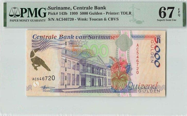 1999 Suriname 5000 Gulden Pick 143b Pmg Superb Gem Unc 67..., Postzegels en Munten, Bankbiljetten | Europa | Niet-Eurobiljetten