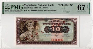 Joegoslavië. - 10 Dinara - 1965 - Specimen - Pick 78as
