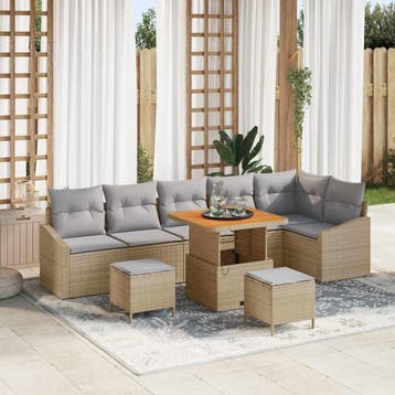 vidaXL Tuinbankenset 9 st 7-Aantal zitplaatsen Beige Poly, Verzenden, Nieuw, Rotan, Meer dan 8 zitplaatsen