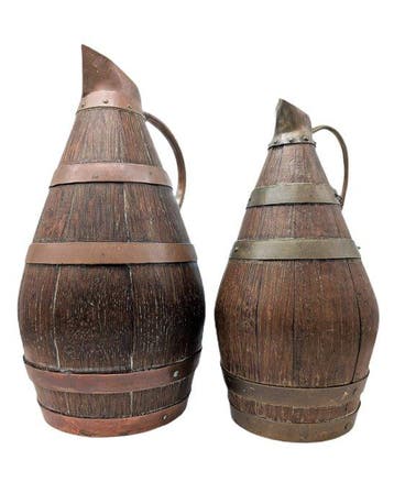 Kruik - Eik - Twee kruiken voor cider/wijn, gemaakt van hout, Antiek en Kunst