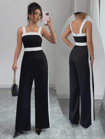 Elegante Zwart-Witte Jumpsuit met Vierkante Hals en Contrast, Verzenden, Nieuw