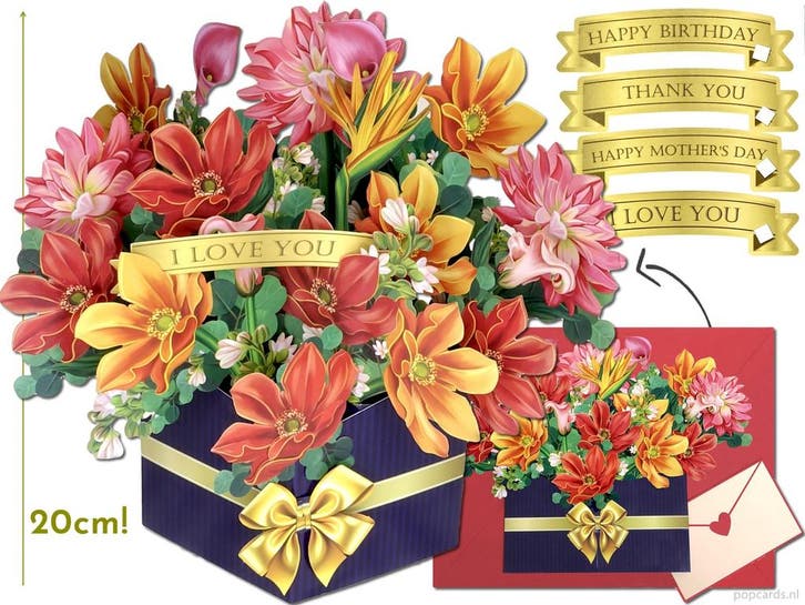 Groot Vrijstaand Boeket Gekleurde Bloemen Dahlias pop-up..., Diversen, Wenskaarten, Verzenden