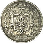 Montenegro. Nikola I. 2 Perpera 1910 (Zonder minimumprijs)