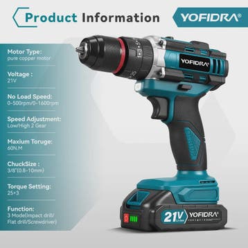 YOFIDRA 21V Accu Klopboormachine 3-in-1 met 25+3 Koppelinste, Verzenden, Nieuw