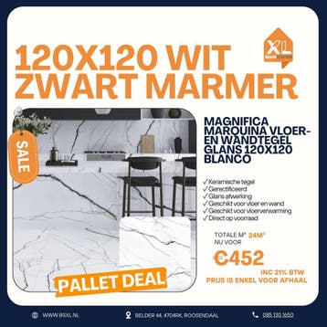 Witte marmerlook glans 120x120 - Palletdeal 24m² €452, 60 cm of meer, Verzenden, Nieuw, 10 m² of meer