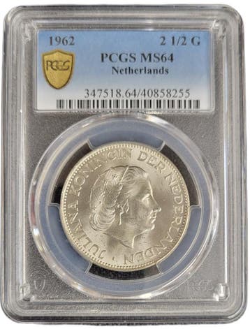 Koningin Juliana zilveren 2 1/2 gulden 1962 MS64 PCGS, Verzenden, Koningin Juliana, Losse munt, Zilver