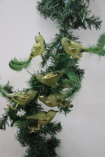 Kerstboomversiering Krebs: 6 groene grote glasvogeltjes op, Nieuw