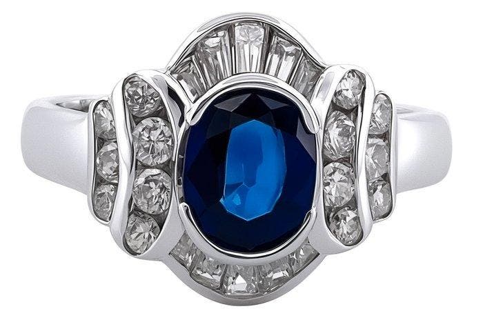 Ring - 18 karaat Witgoud Saffier - Diamant, Sieraden, Tassen en Uiterlijk, Ringen