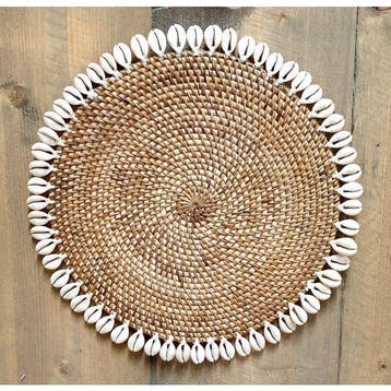 Wanddecoratie rotan/Schelpen cirkel 33 cm naturel, Verzenden, Nieuw