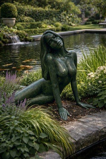 sculptuur, liggende vrouw aan vijver – groene patina – tuin-
