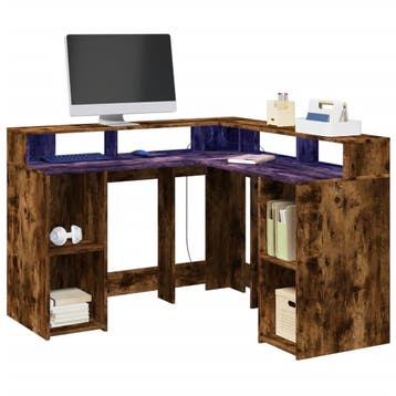 vidaXL Bureau met LED-verlichting 130x130x91 cm hout gerookt, Huis en Inrichting, Bureaus, Verzenden, Nieuw
