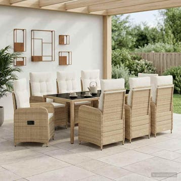 vidaXL Buiten eettafelset 9 st Beige en Crème Wit poly, Verzenden, Nieuw