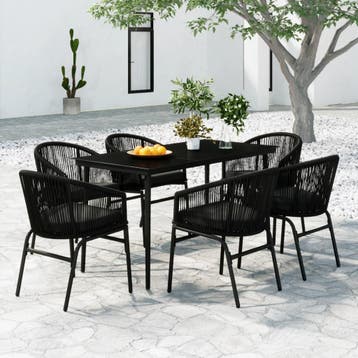 vidaXL 7-delige Tuinset zwart, Kunststof, Verzenden, 6 zitplaatsen, Nieuw