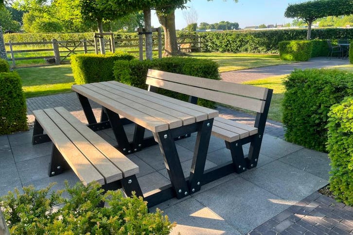 Rockwood® Picknicktafel Eik - Zwaar Kunststof - Sand Beige, Tuin en Terras, Picknicktafels, Nieuw, Hout, Rechthoekig, Ophalen of Verzenden