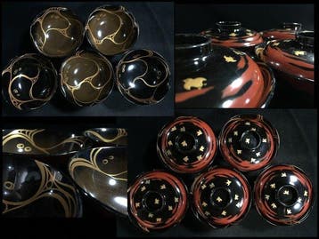 Set of 5 Vintage Wajima-nuri Lacquerware Bowls with Lids -, Antiek en Kunst