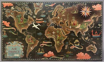 Air France Wereldkaart luchtvaartmaatschappij - 1950-1960 -