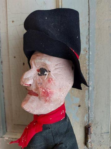Figuur - Grote Antieke handpop / stokpop, Hout , Guignol, 65, Antiek en Kunst